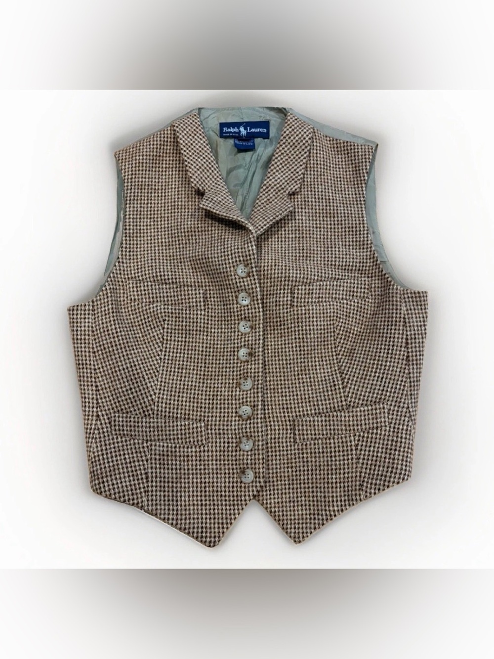 Vintage Ralph Lauren Tailored Waistcoat Vest Wool Size 2 Made in USA Houndstooth